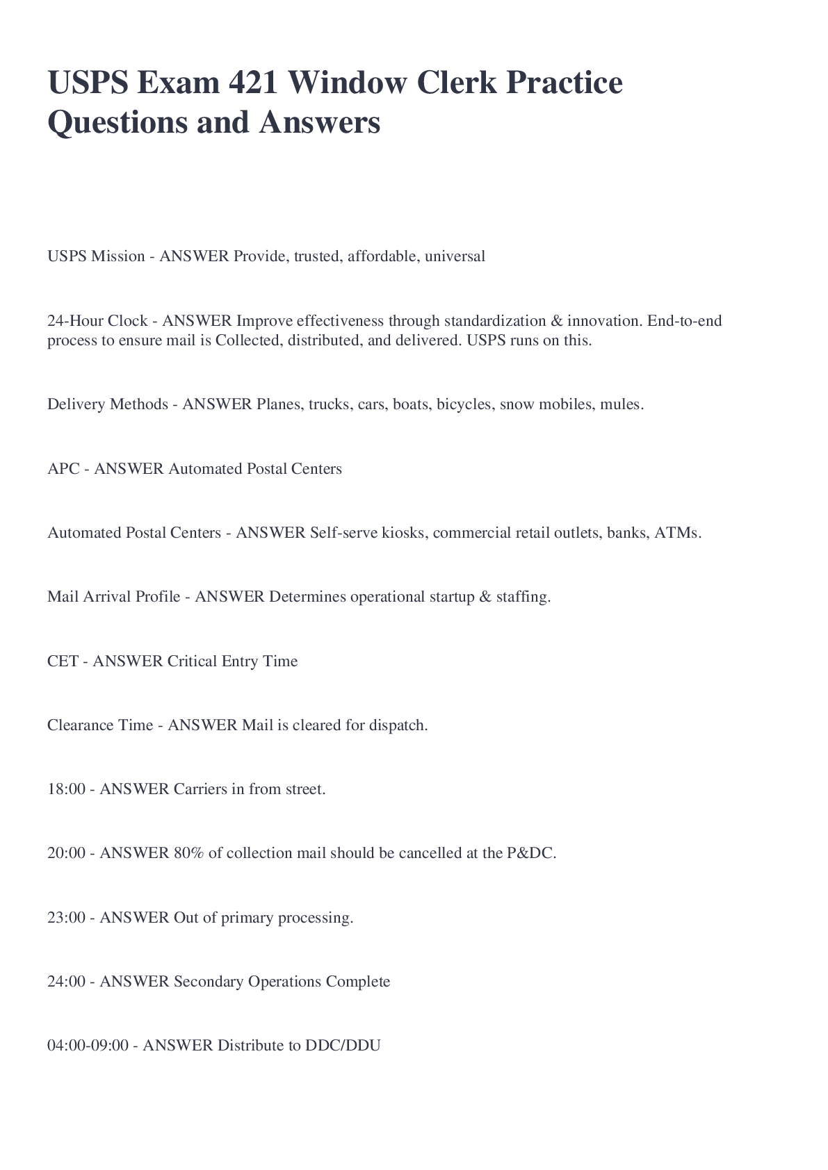 Preview of USPS Exam 421 Window Clerk Practice Questions and Answers